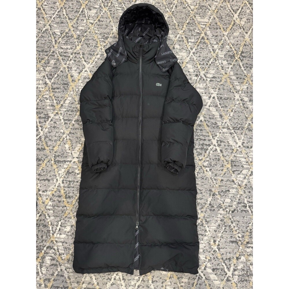 Lacoste Live Mens Down Jacket Long Puffer Black All Over Monogram Logo Sz S RARE